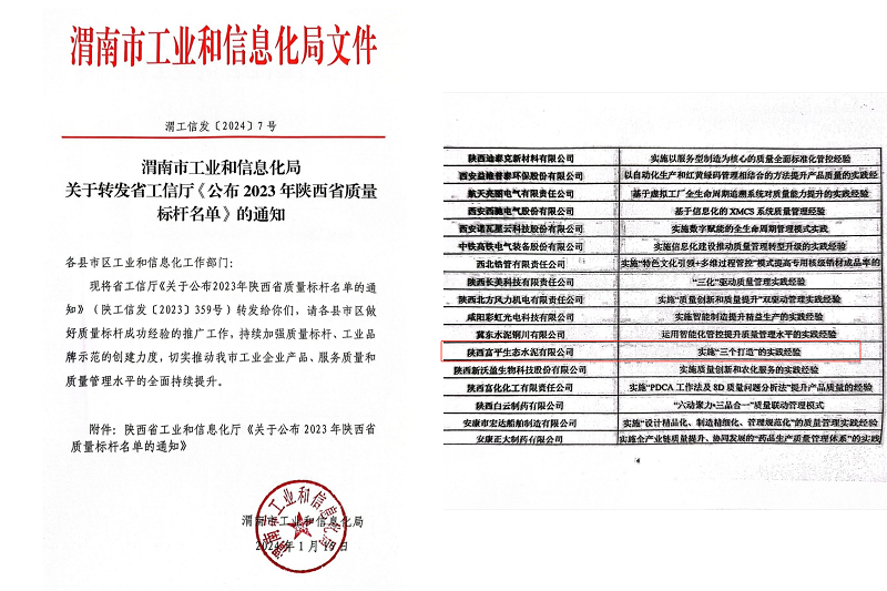 喜報！富平公司榮獲陜西省質(zhì)量標桿榮譽